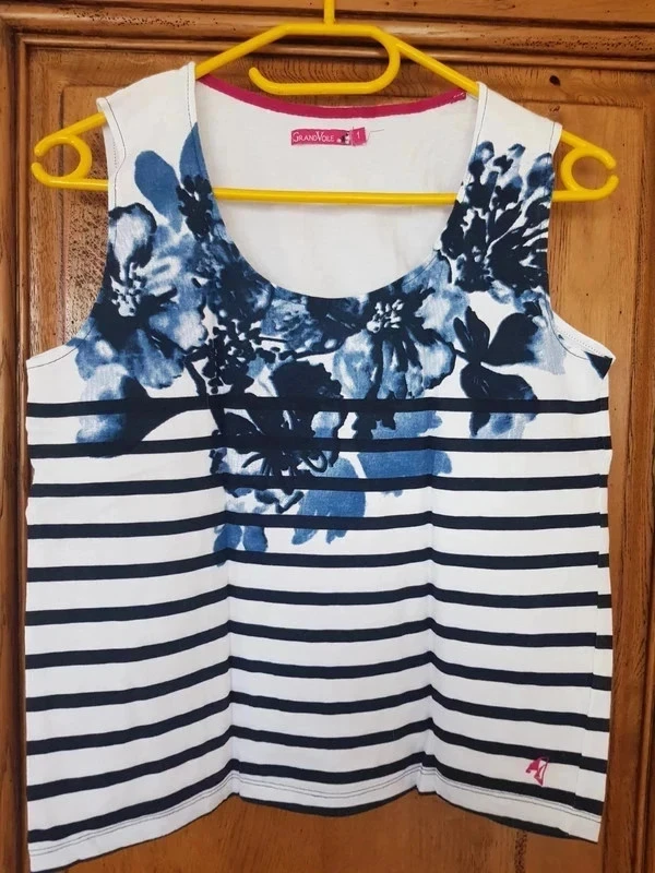 Debardor rayado blanco negro dibujo azul talla 1 es decir 36/38 nuevo marca Grand Voile – photo 2